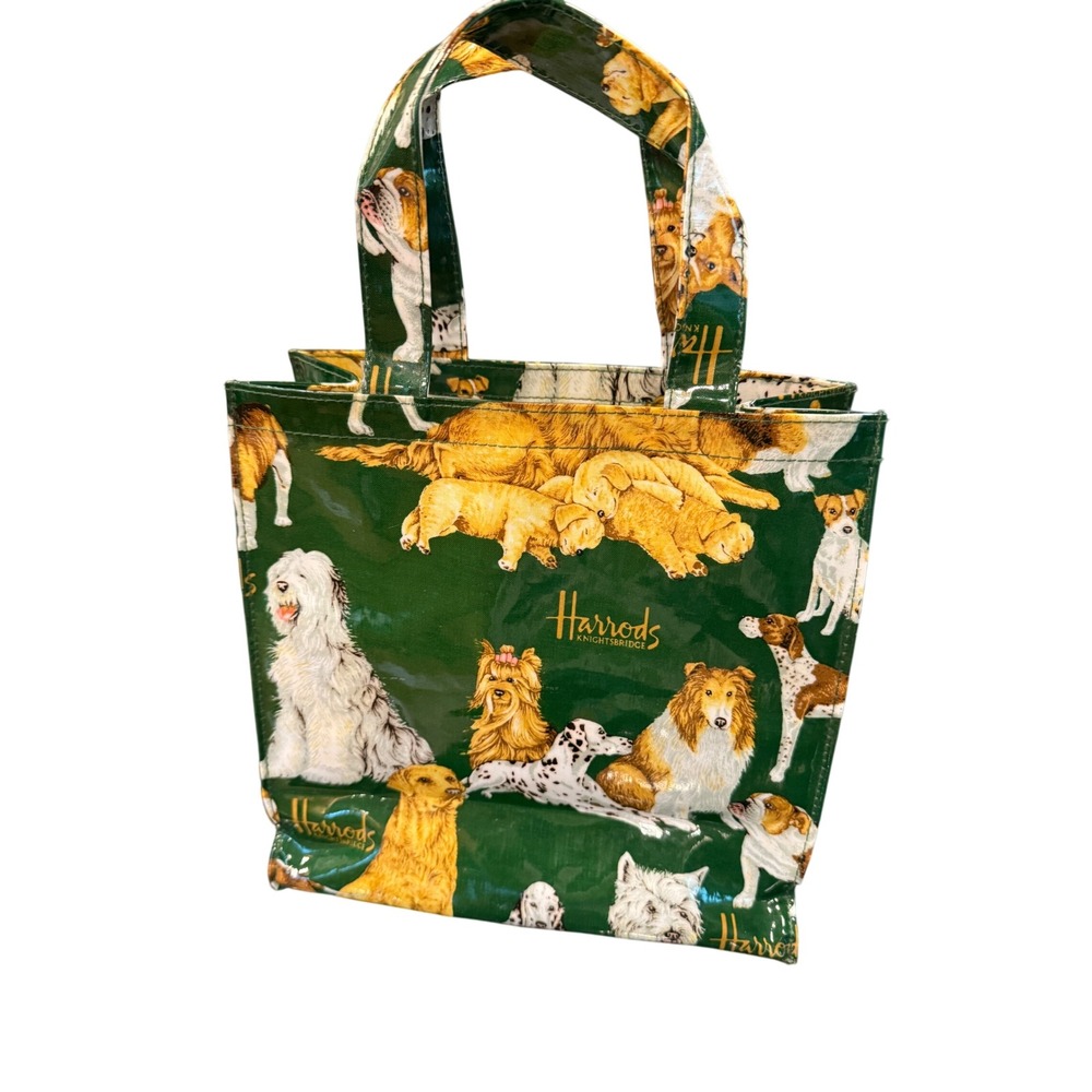 Harrods Knightsbridge Dog Breed Print Small Green PVC Shopper Tote Bag 10x10x4
